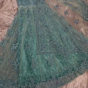 Party Wear Sea Green Long Frock With Dupatta