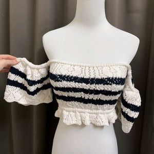 Off Shoulder Knit Wear Beige Crop Top