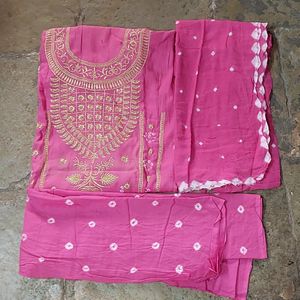 Pink Cotton Bandhani Dress Material