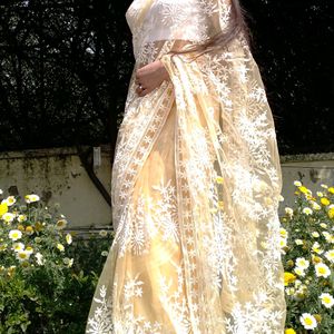 Net White Embroidery Work Saree With Blouse