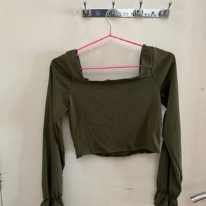 olive Green Balloon Sleeve Crop Top