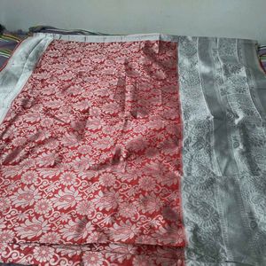 New Saree Red Nd Silver With Readymade Blouse