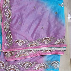 Rich Maggam Stone Work Chunni In Pink & Sky Blue