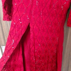 Red Chickenkari Work Kurta Set