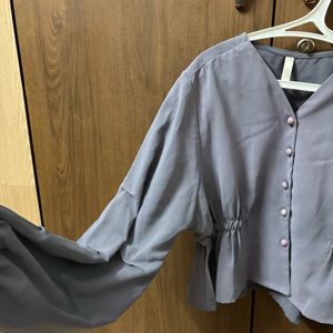 Trendy Grey Stretched Waist And Sleeves Top