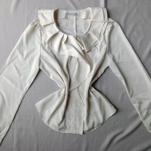 New Cream Ruffled Neck Korean Shirt