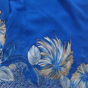 Blue Floral Printed Synthetic Georgette Saree