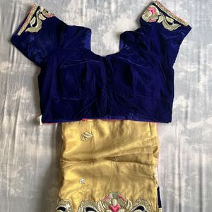 Gold And royal Blue Handwork Saree