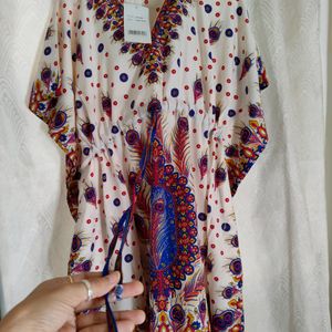 Women's Peacock Feather Print V-neck Kaftan Top