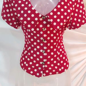 Front Button Polka Dot Frill Trim Blouse