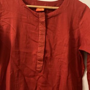 Red Unused Cotton Kurta With Gold Zari Detail