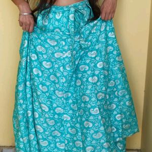 Sea Green Flower Print Look Long Ethnic Skirt