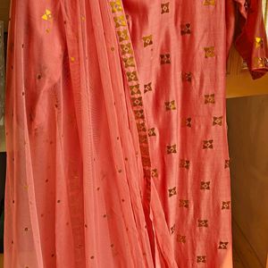 Chanderi pink Suit Set With Palazzo and Dupatta