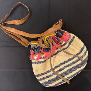 Max Jute Sling Bag With Neon Pink Tassles