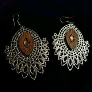 Wooden Silver Earrings (Artificial)