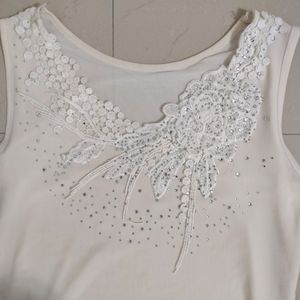 Off White Sleeveless Embroidered Net top