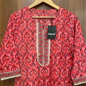 Red Floral Cotton Kurta For Women