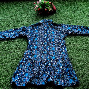 Blue Floral Printed Collared High-low Flared Tunic