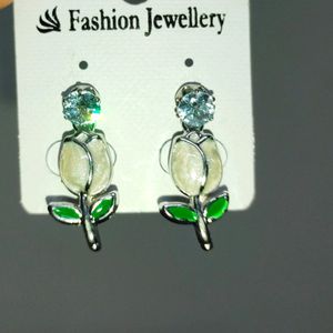 White Rose Earrings With Stone