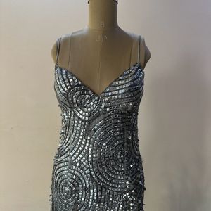 Silver Square Sequins Heavy Embellished Slit Dress