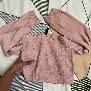 H&M pink smocked off the shoulder top