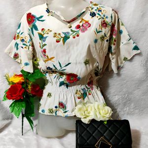 SALE! White Floral Cinched Waist Top