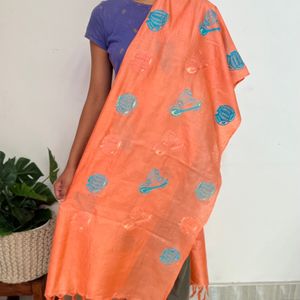 Pure Tussar Silk Duppta in Peach Colour