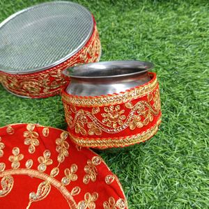 Krwa Chauth Steel Thali, Chalni And Lota