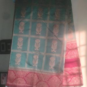 Sea Green And Red Colour Semi Pattu Saree