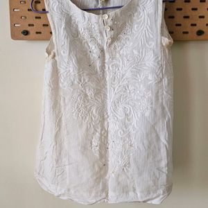 Global Desi Embroidered Off White Sleeveless Top