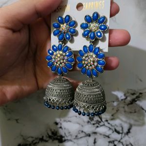 Women Fashion Earrings Blue Stones Oxidised Silver