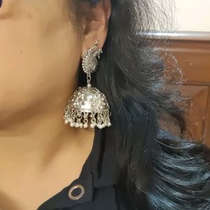 Big Size Light Weight Silver Tone Jhumkas