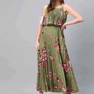 Olive Green Printed Dress For Women