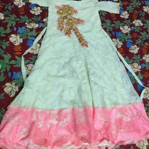 New White And Pink Long Ethnic Gown