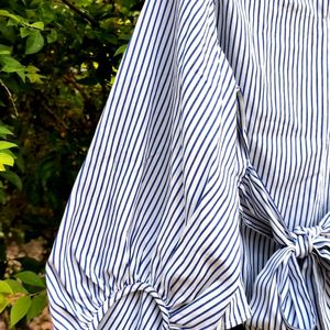 Blue Striped White Balloon Sleeve Top