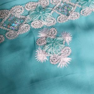 Georgette cyan clr saree 🥻  with blouse