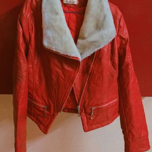 Red Leather Jacket With Fur Around The Neck
