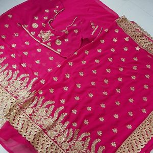 Hot Pink Saree Golden Border Stitched Blouse Party