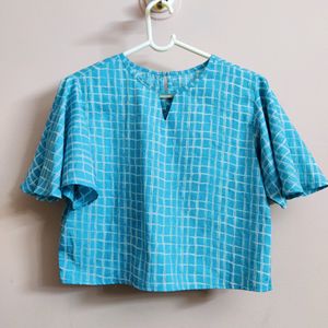 women's Light blue checkered crop top (butterfly sleeves)