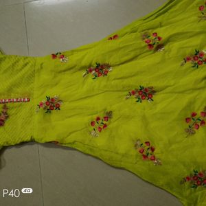 Green Colour Anarkali With Thread Flowers