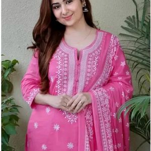 Pink chickanKari Kurti Pant Dupatta Set With Tag