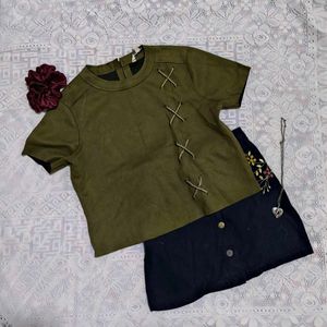 Olive Green Top With Lace Up Design