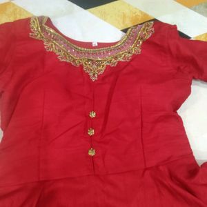 RED ANARKALI FLARED GOWN WITH EMBROIDERED DOPATTA