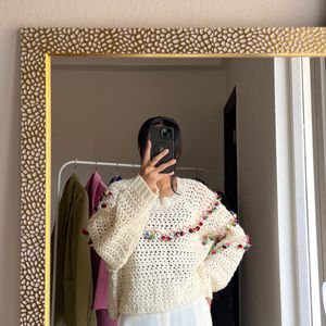 ZARA Wool Blend Open Knit Pom-Pom Cropped Sweater