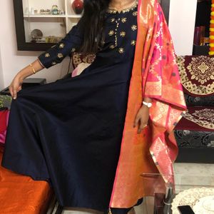 Navy Blue Anarkali With 2 Duppatas