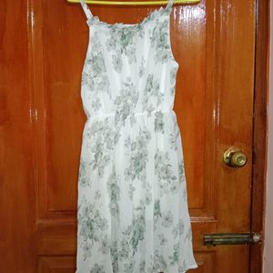 Office White Dress With Green Floral Design