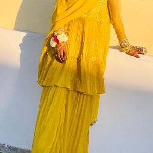 Yellow Short Kurti With Pleated Ghrara Dupatta