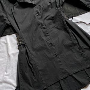 Black Lace Up Button Down Shirt