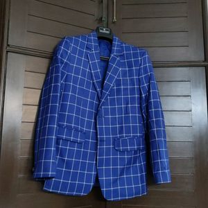 Men Partywear Checked Viscose Rayon Blue Blazer