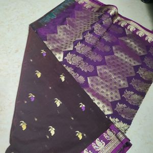 Dark Brown Saree With Purple Blouse